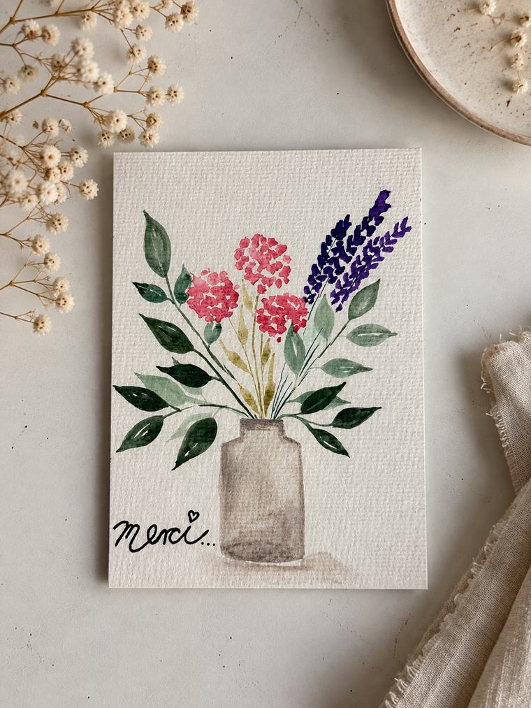 Aquarellkarte mit Blumenstrauß und handgeschriebenem Merci